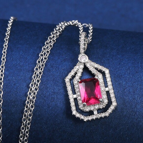 💥 Double Layer Hollow Ruby Radiant Cut Red Zircon Micro Pave Necklace, EVGG1067 - Picture 2 of 6